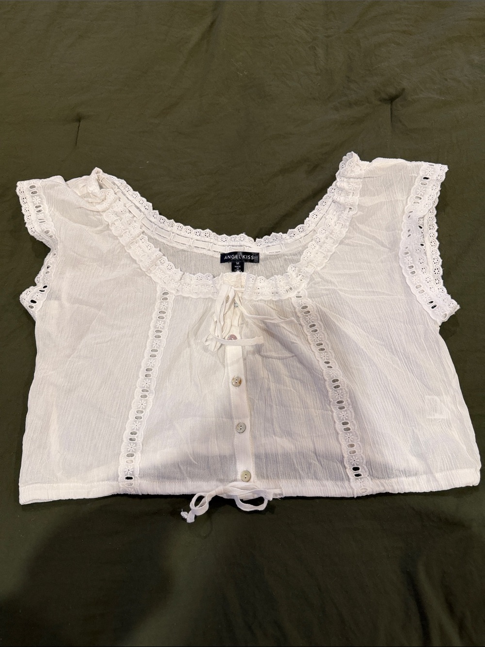 Angel Kiss White Eyelet Tie-Front Crop Top